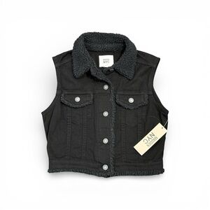 Madden NYC Juniors Black Denim Cropped Vest sherpa shearling trim 90s inspired S